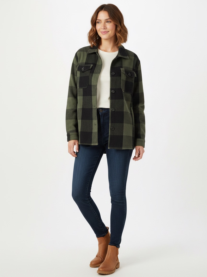 Lucky Brand Oversized Olive Green Black Buffalo Plaid Flannel Shacket - Size Med